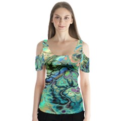 Fractal Batik Art Teal Turquoise Salmon Butterfly Sleeve Cutout Tee 