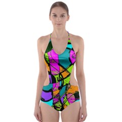 Abstract Sketch Art Squiggly Loops Multicolored Cut-out One Piece Swimsuit