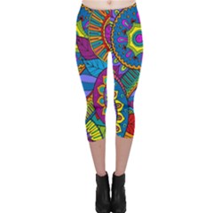 Pop Art Paisley Flowers Ornaments Multicolored Capri Leggings  by EDDArt