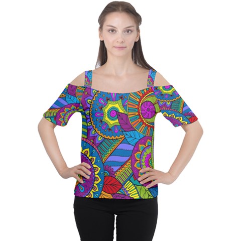 Pop Art Paisley Flowers Ornaments Multicolored Women s Cutout Shoulder Tee by EDDArt