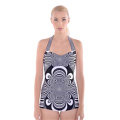 Black And White Ornamental Flower Boyleg Halter Swimsuit 