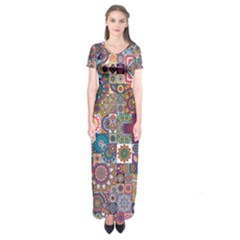 Ornamental Mosaic Background Short Sleeve Maxi Dress