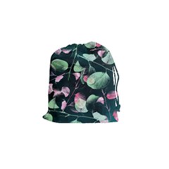 Modern Green And Pink Leaves Drawstring Pouches (small)  by DanaeStudio