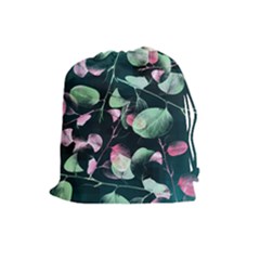 Modern Green And Pink Leaves Drawstring Pouches (large)  by DanaeStudio