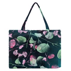 Modern Green And Pink Leaves Medium Zipper Tote Bag