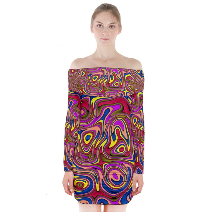 Abstract Shimmering Multicolor Swirly Long Sleeve Off Shoulder Dress