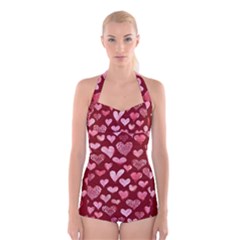 Watercolor Valentine s Day Hearts Boyleg Halter Swimsuit 