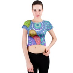 India Ornaments Mandala Balls Multicolored Crew Neck Crop Top by EDDArt