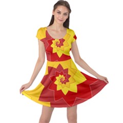 Flower Blossom Spiral Design  Red Yellow Cap Sleeve Dresses by designworld65