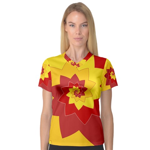 Flower Blossom Spiral Design  Red Yellow Women s V-neck Sport Mesh Tee by designworld65