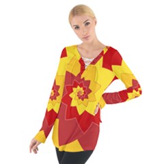 Flower Blossom Spiral Design  Red Yellow Women s Tie Up Tee