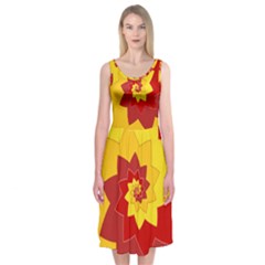 Flower Blossom Spiral Design  Red Yellow Midi Sleeveless Dress by designworld65