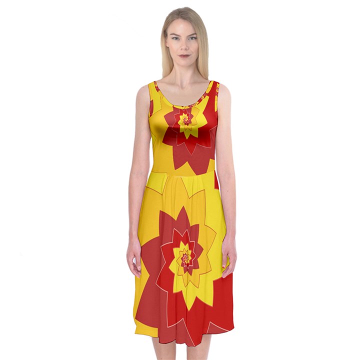 Flower Blossom Spiral Design  Red Yellow Midi Sleeveless Dress