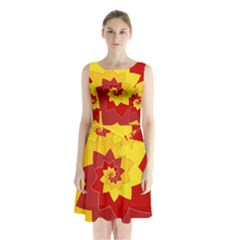 Flower Blossom Spiral Design  Red Yellow Sleeveless Chiffon Waist Tie Dress