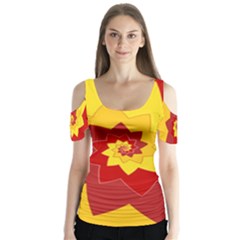 Flower Blossom Spiral Design  Red Yellow Butterfly Sleeve Cutout Tee 