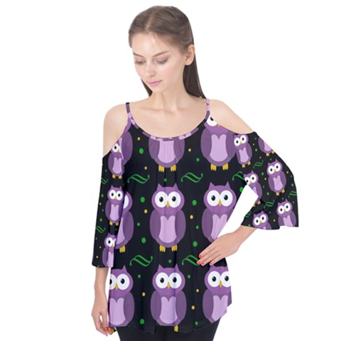 Halloween Purple Owls Pattern Flutter Tees by Valentinaart