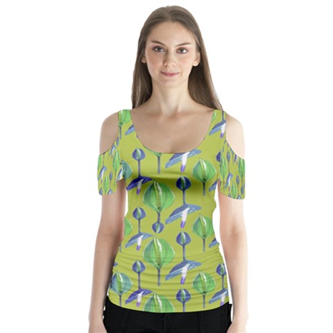 Tropical Floral Pattern Butterfly Sleeve Cutout Tee  by dflcprintsclothing