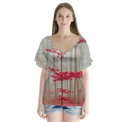 Magic Forest In Red And White Flutter Sleeve Top