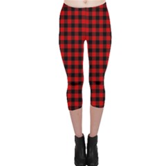 Lumberjack Plaid Fabric Pattern Red Black Capri Leggings  by EDDArt