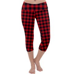 Lumberjack Plaid Fabric Pattern Red Black Capri Yoga Leggings by EDDArt