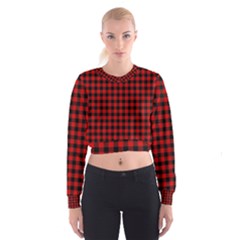 Lumberjack Plaid Fabric Pattern Red Black Women s Cropped Sweatshirt by EDDArt