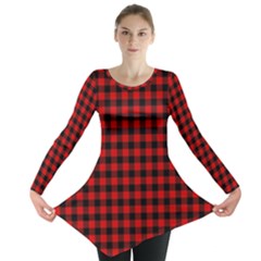 Lumberjack Plaid Fabric Pattern Red Black Long Sleeve Tunic  by EDDArt