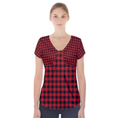 Lumberjack Plaid Fabric Pattern Red Black Short Sleeve Front Detail Top