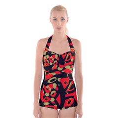 Red Artistic Design Boyleg Halter Swimsuit 