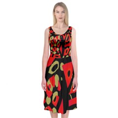 Red Artistic Design Midi Sleeveless Dress