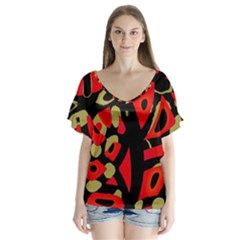 Red Artistic Design Flutter Sleeve Top