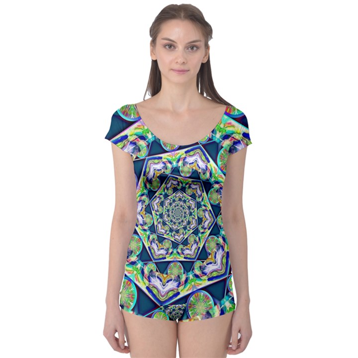 Power Spiral Polygon Blue Green White Boyleg Leotard 