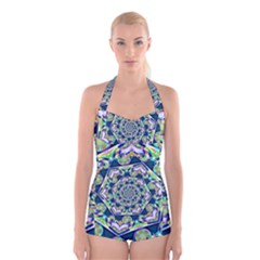 Power Spiral Polygon Blue Green White Boyleg Halter Swimsuit 