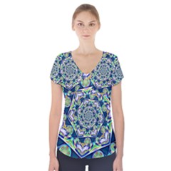 Power Spiral Polygon Blue Green White Short Sleeve Front Detail Top