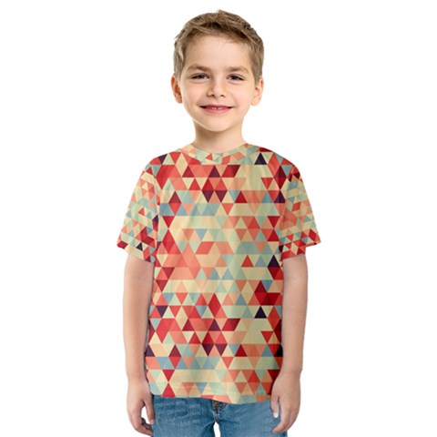 Modern Hipster Triangle Pattern Red Blue Beige Kids  Sport Mesh Tee by EDDArt