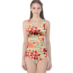 Modern Hipster Triangle Pattern Red Blue Beige One Piece Swimsuit by EDDArt