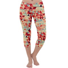 Modern Hipster Triangle Pattern Red Blue Beige Capri Yoga Leggings by EDDArt