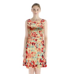 Modern Hipster Triangle Pattern Red Blue Beige Sleeveless Chiffon Waist Tie Dress