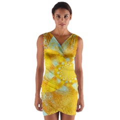 Gold Blue Abstract Blossom Wrap Front Bodycon Dress