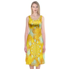 Gold Blue Abstract Blossom Midi Sleeveless Dress by designworld65