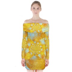 Gold Blue Abstract Blossom Long Sleeve Off Shoulder Dress