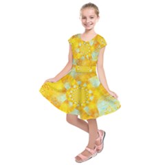 Gold Blue Abstract Blossom Kids  Short Sleeve Dress