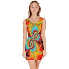 Crazy Mandelbrot Fractal Red Yellow Turquoise Sleeveless Bodycon Dress by EDDArt