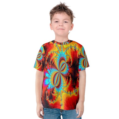 Crazy Mandelbrot Fractal Red Yellow Turquoise Kids  Cotton Tee by EDDArt