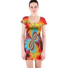 Crazy Mandelbrot Fractal Red Yellow Turquoise Short Sleeve Bodycon Dress by EDDArt