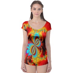 Crazy Mandelbrot Fractal Red Yellow Turquoise Boyleg Leotard  by EDDArt