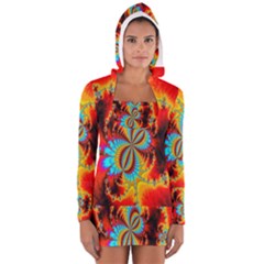 Crazy Mandelbrot Fractal Red Yellow Turquoise Women s Long Sleeve Hooded T-shirt