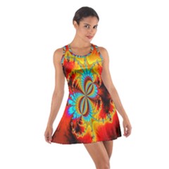 Crazy Mandelbrot Fractal Red Yellow Turquoise Cotton Racerback Dress by EDDArt