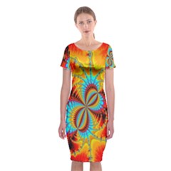 Crazy Mandelbrot Fractal Red Yellow Turquoise Classic Short Sleeve Midi Dress by EDDArt