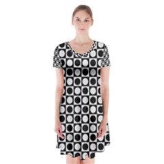 Modern Dots In Squares Mosaic Black White Short Sleeve V-neck Flare Dress