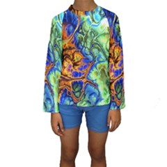 Abstract Fractal Batik Art Green Blue Brown Kids  Long Sleeve Swimwear by EDDArt